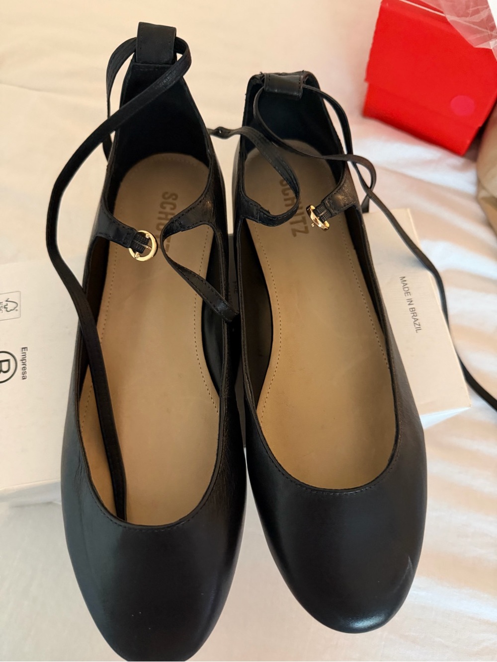 SCHUTZ Black Leather Ankle-Tie Ballet Flats with Gold Buckle